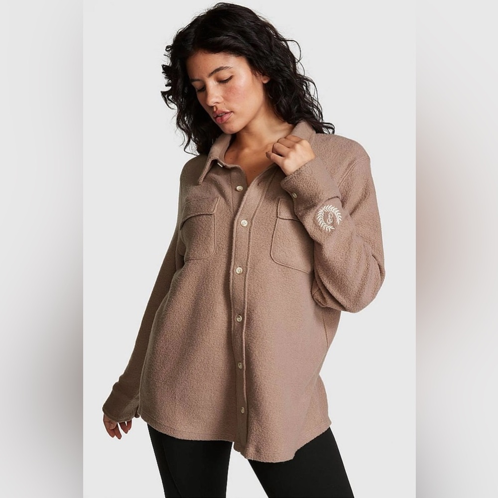Victoria's Secret PINK Reverse Fleece Shacket VS Pink, Iced Coffee Taupe XL